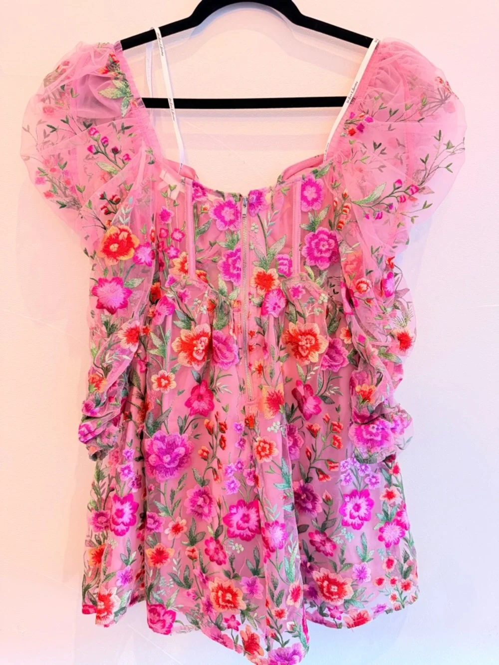 For Love & Lemons Pink Floral Embroidered Puff-Sleeve Mini Dress - Picture 5 of 6